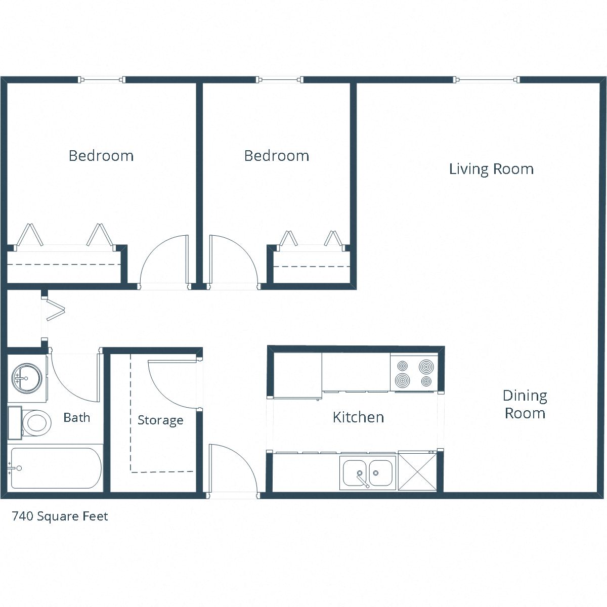 Floor plan for 2 beds, 1 bath, 740 sqft