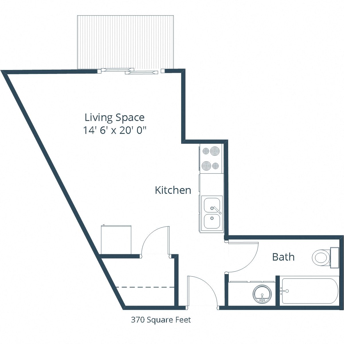 Floor plan for studio, 1 bath, 370 sqft