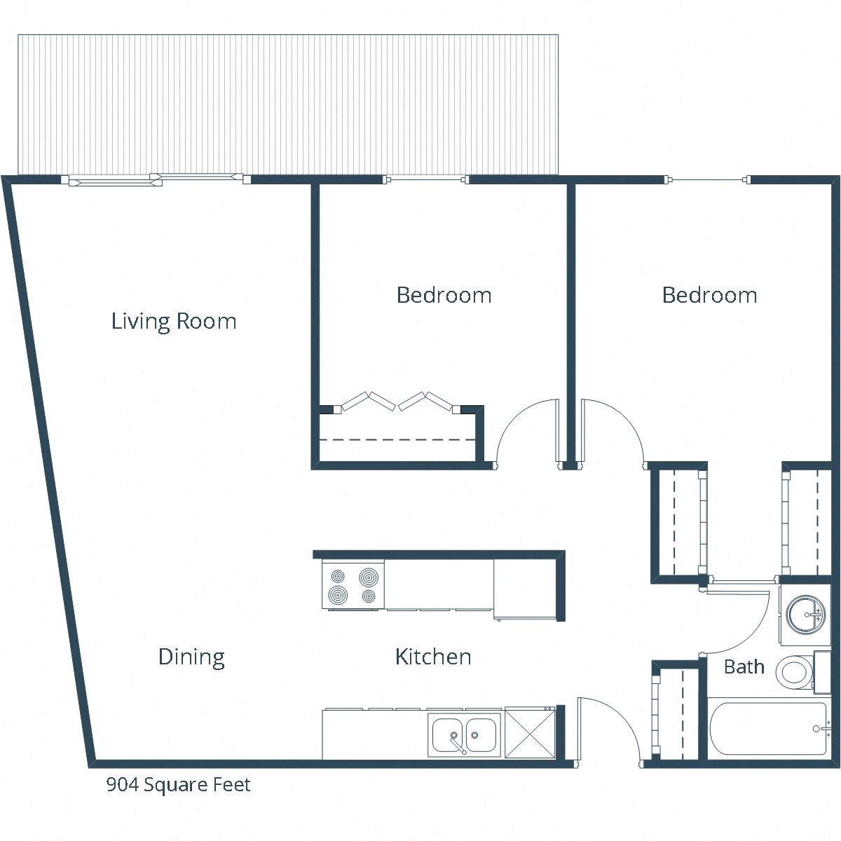 Floor plan for 2 beds, 1 bath, 904 sqft
