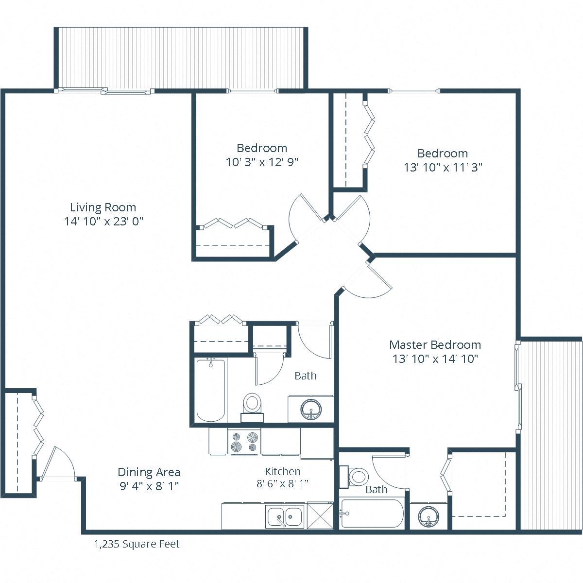 Floor plan for 3 beds, 2 baths, 1235 sqft