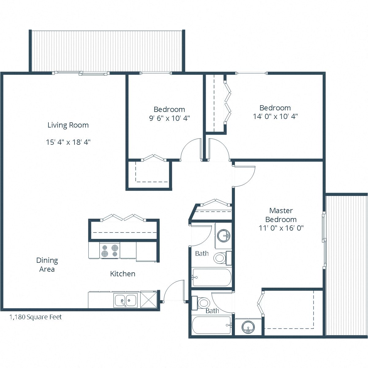 Floor plan for 3 beds, 2 baths, 1180 sqft