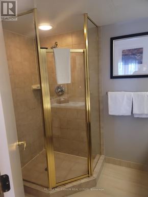 Oro-Medonte (Horseshoe Valley) condo for rent - A bathroom with a gold shower stall and towels hanging on the wall.