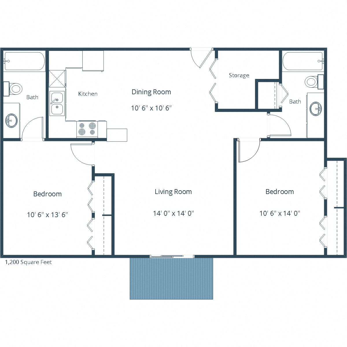Floor plan for 2 beds, 2 baths, 1200 sqft