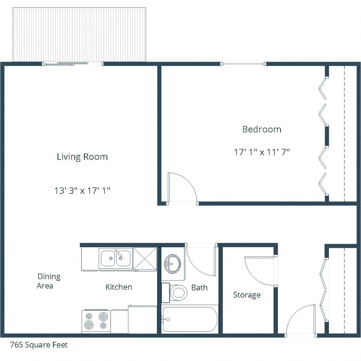 Floor plan for 1 bed, 1 bath, 752 sqft
