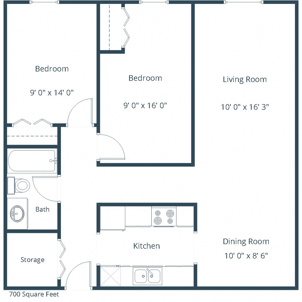 Floor plan for 2 beds, 1 bath, 700 sqft