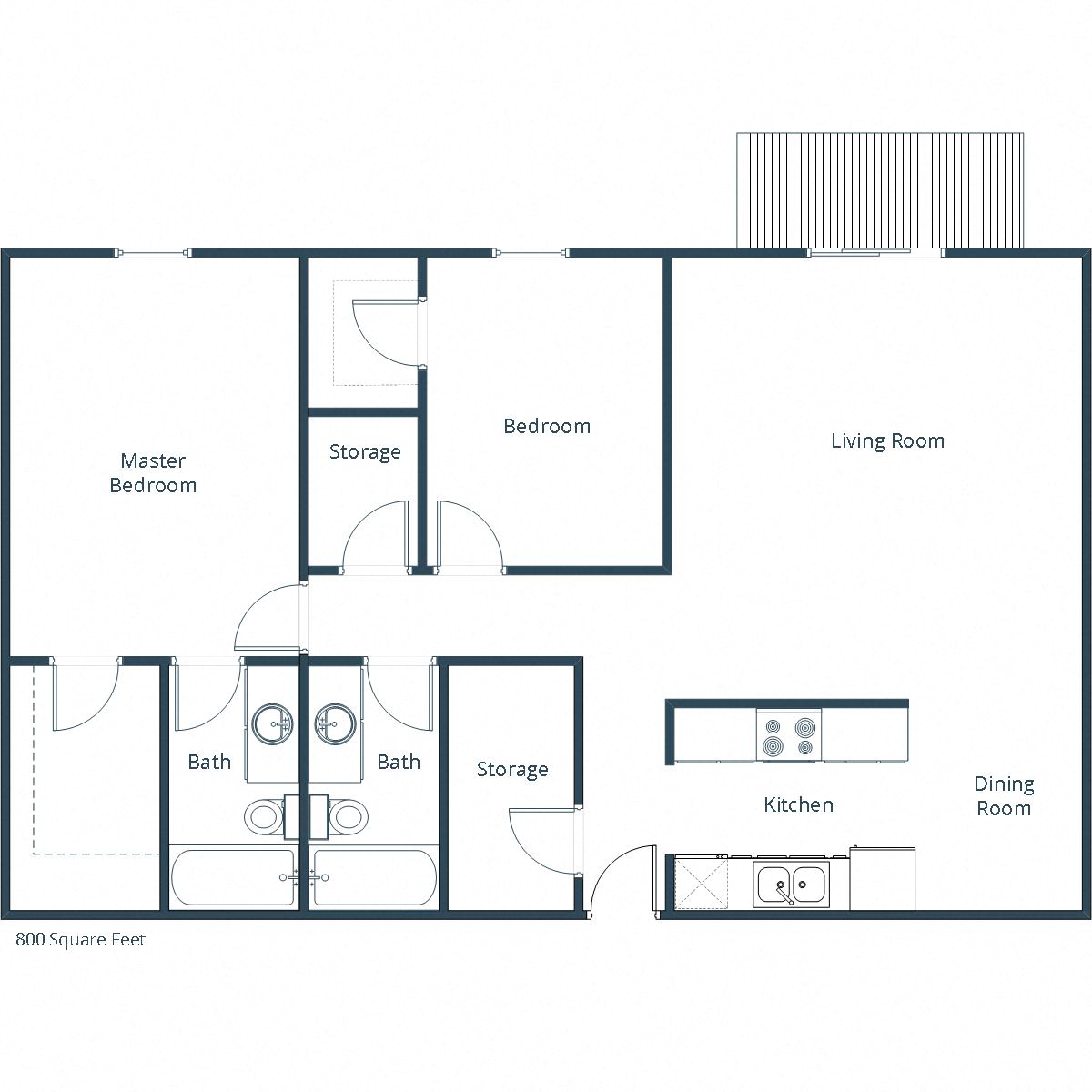 Floor plan for 2 beds, 2 baths, 800 sqft
