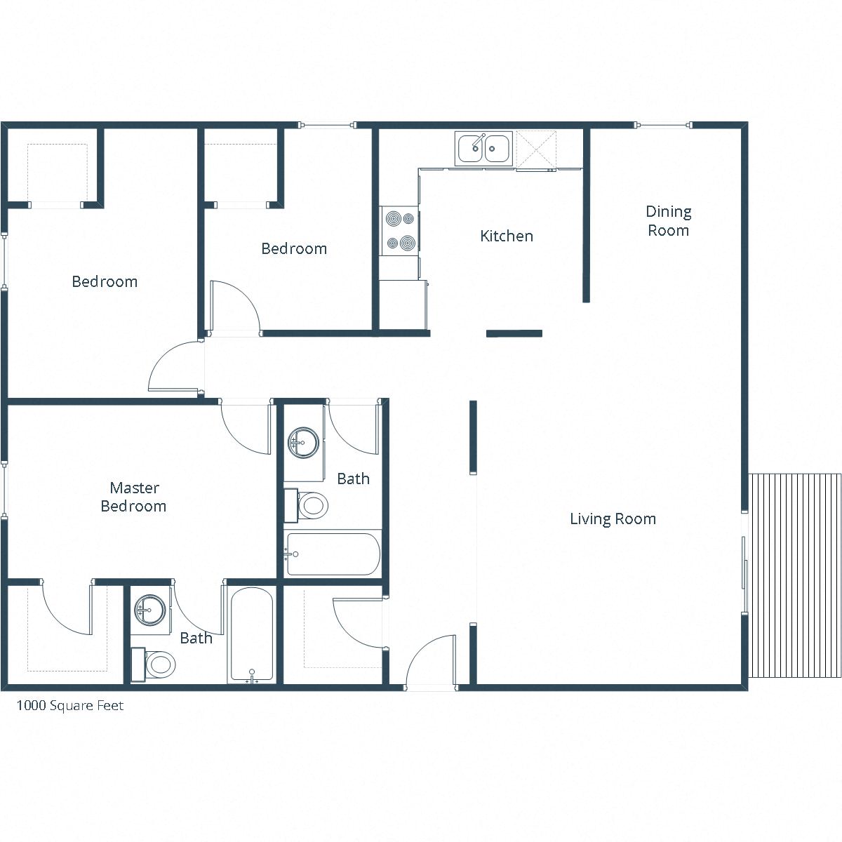 Floor plan for 3 beds, 2 baths, 1000 sqft