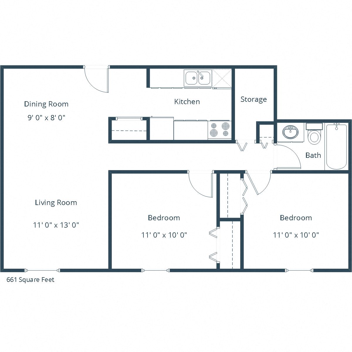 Floor plan for 2 beds, 1 bath, 661 sqft