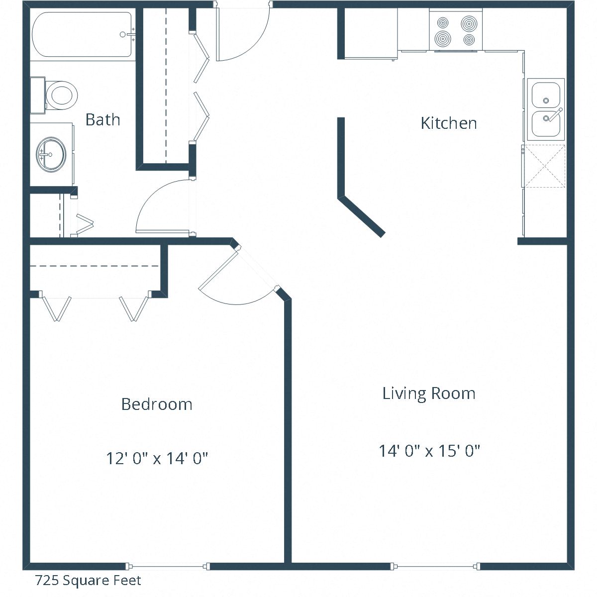 Floor plan for 1 bed, 1 bath, 725 sqft