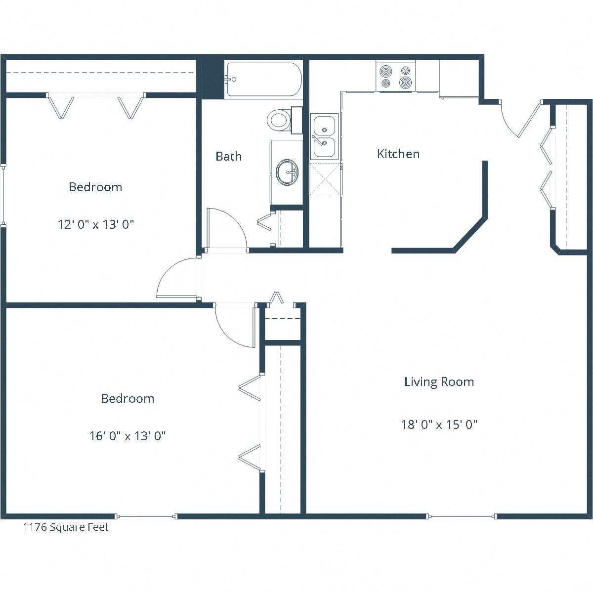 Floor plan for 2 beds, 1 bath, 1176 sqft