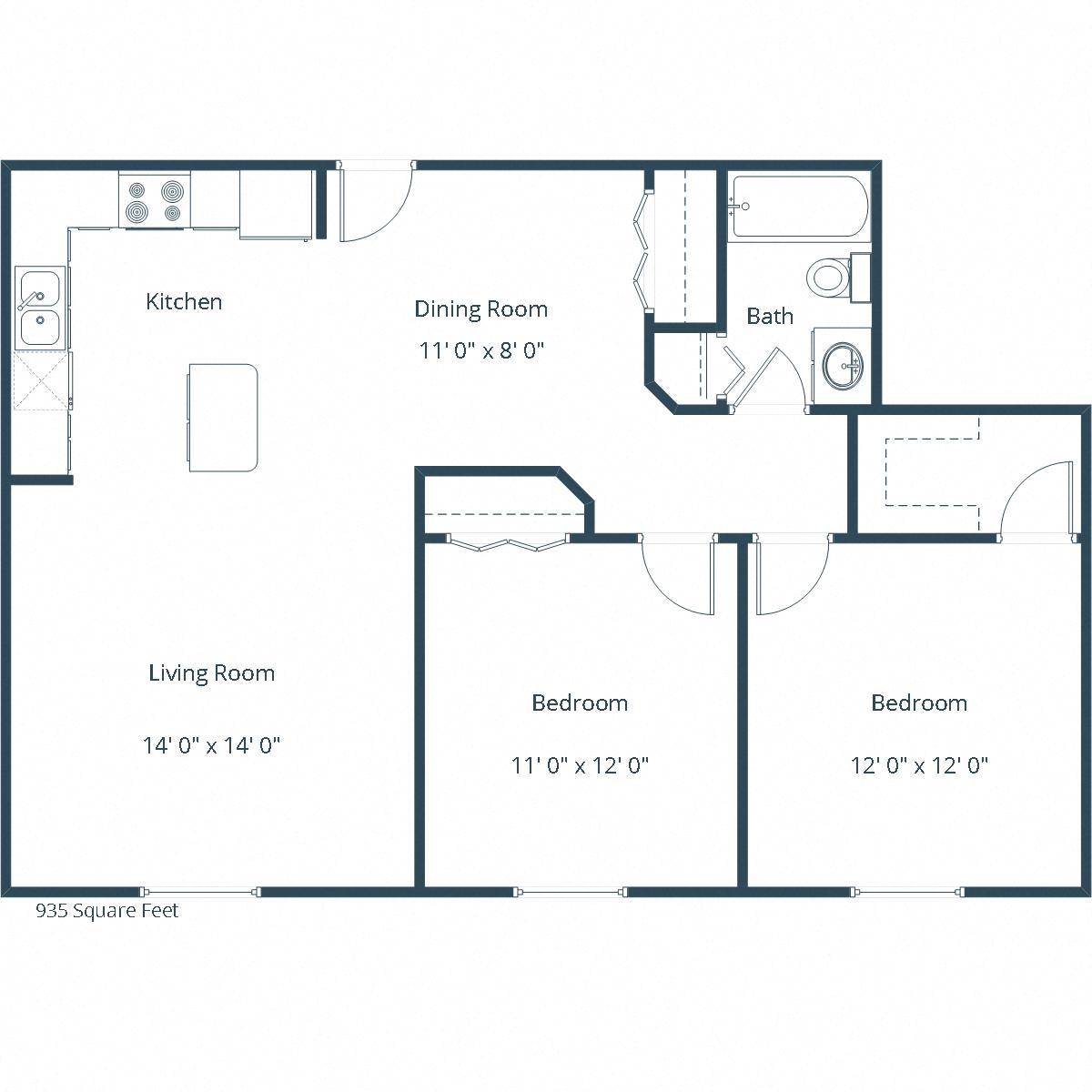 Floor plan for 2 beds, 1 bath, 935 sqft