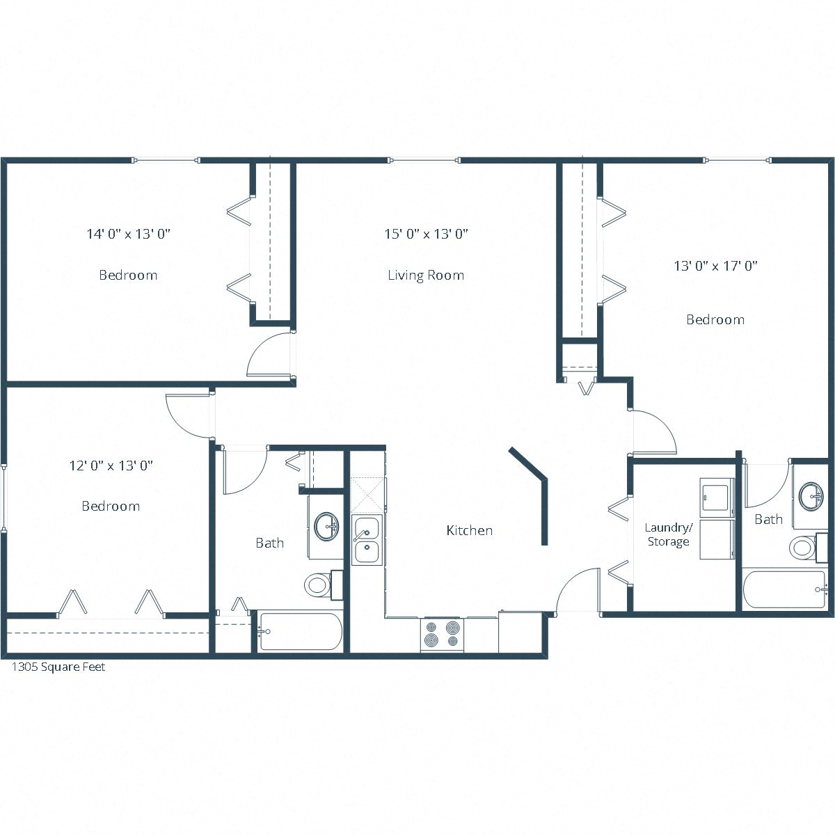 Floor plan for 3 beds, 2 baths, 1305 sqft