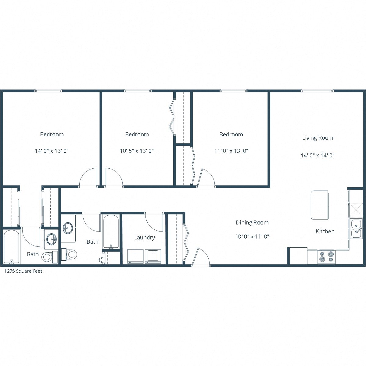 Floor plan for 3 beds, 2 baths, 1406 sqft