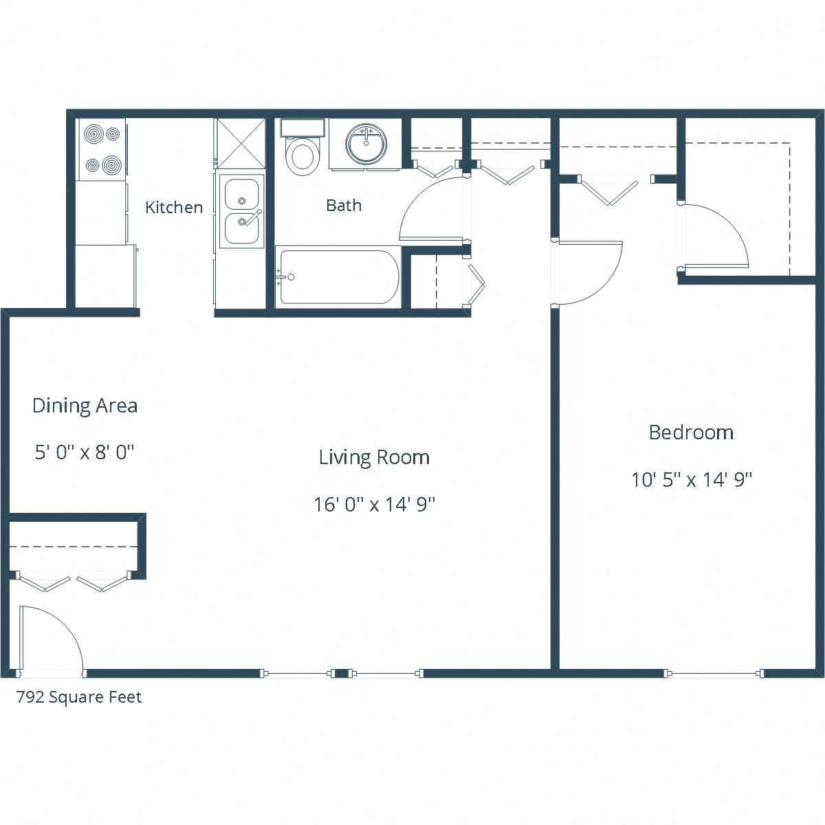 Floor plan for 1 bed, 1 bath, 792 sqft