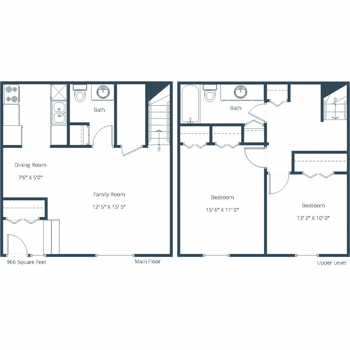 Floor plan for 2 beds, 1.5 baths, 966 sqft