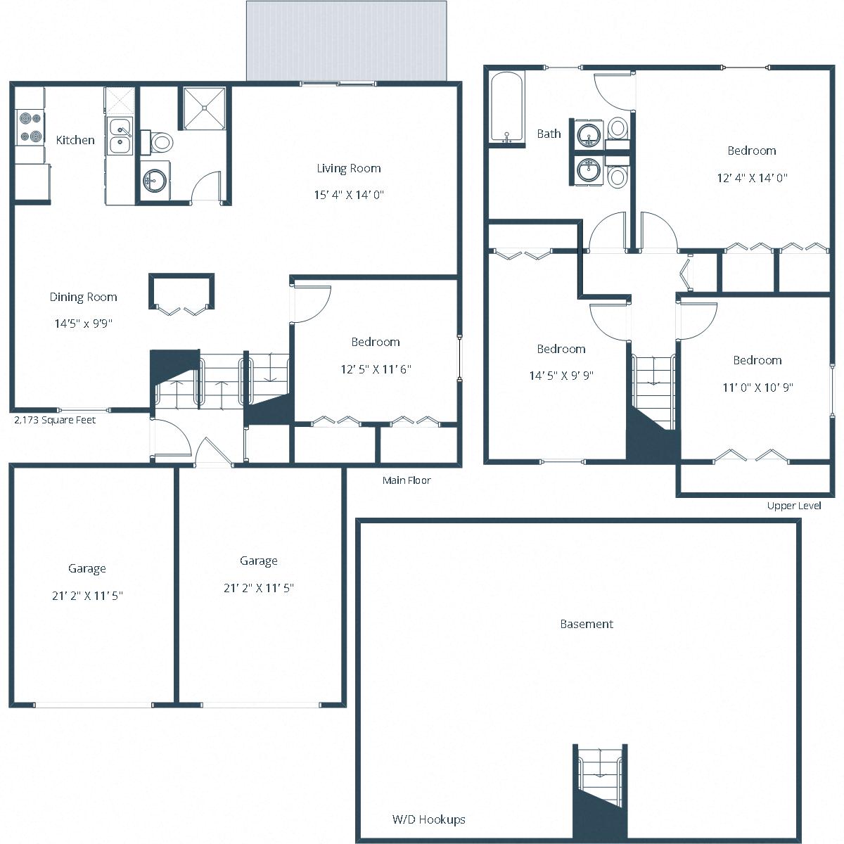 Floor plan for 4 beds, 2.5 baths, 2173 sqft