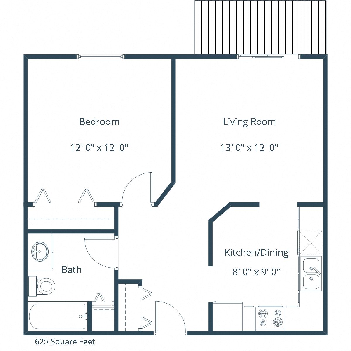 Floor plan for 1 bed, 1 bath, 625 sqft