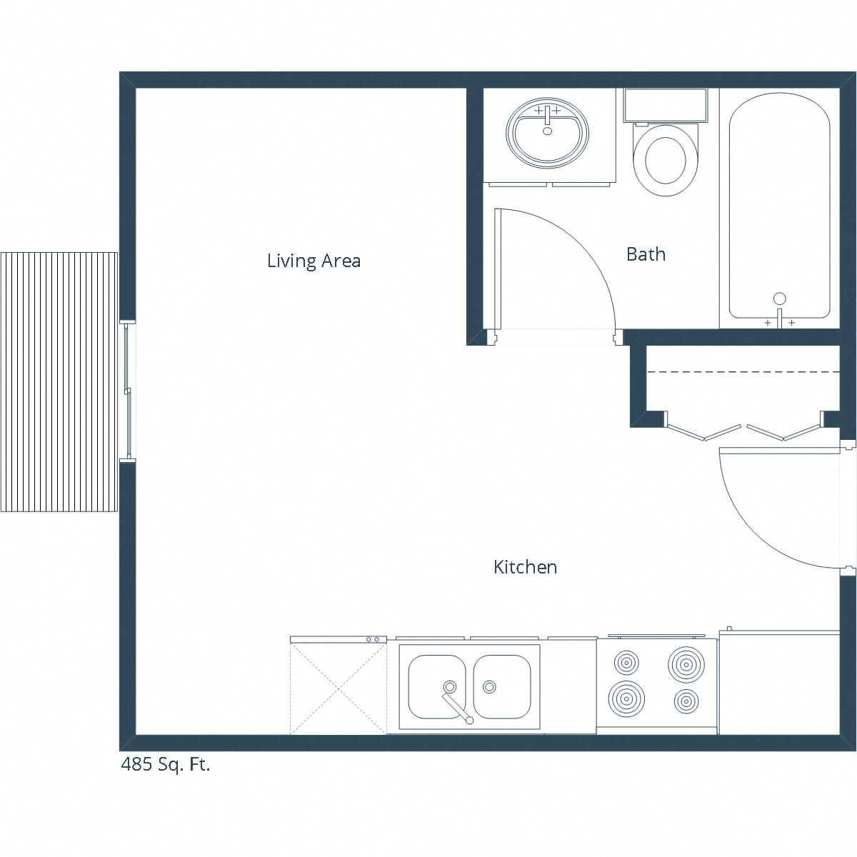 Floor plan for studio, 1 bath, 485 sqft