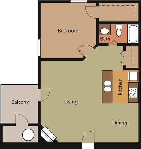 Floor plan for 1 bed, 1 bath, 650 sqft