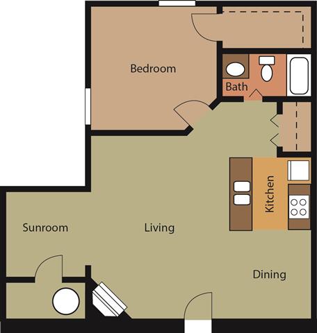 Floor plan for 1 bed, 1 bath, 750 sqft