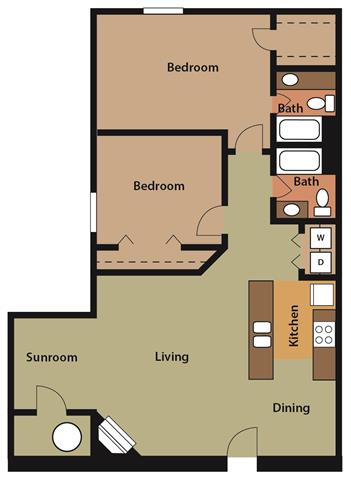 Floor plan for 2 beds, 2 baths, 1000 sqft