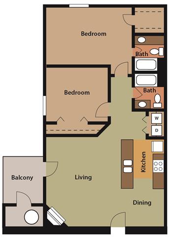 Floor plan for 2 beds, 2 baths, 900 sqft