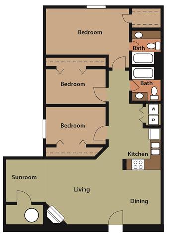 Floor plan for 3 beds, 2 baths, 1250 sqft