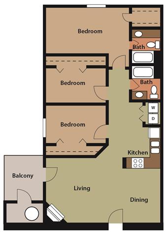Floor plan for 3 beds, 2 baths, 1150 sqft