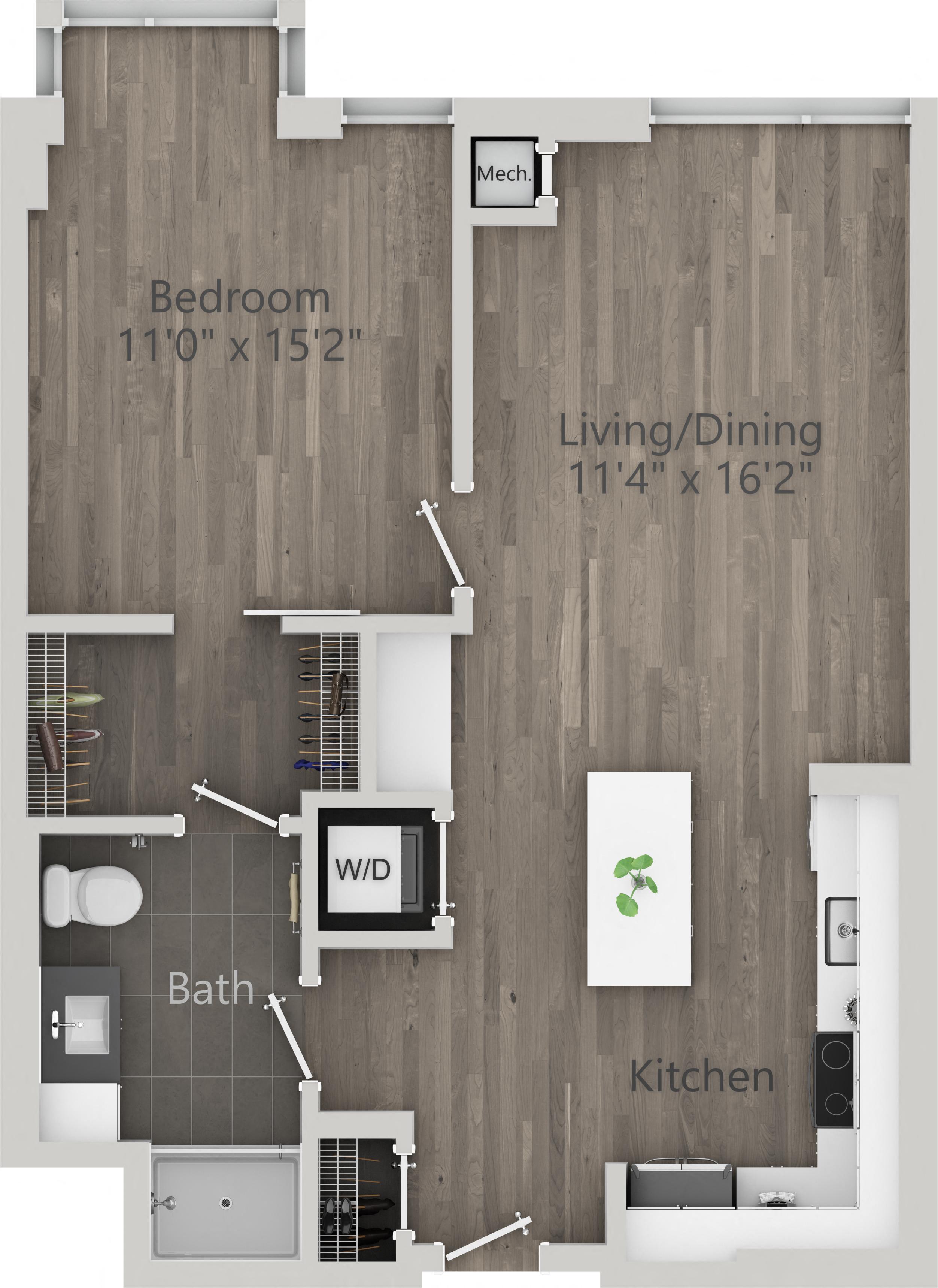 Floor plan for 1 bed, 1 bath, 737 sqft
