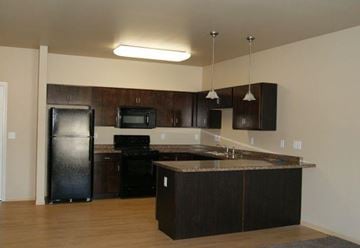 Moorhead apartment for rent - an empty kitchen with a refrigerator and a sink