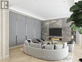 Toronto (Bathurst Manor) condo for rent - A modern living room with a stone fireplace and a curved sofa.