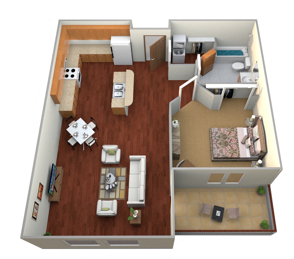 Floor plan for 1 bed, 1 bath, 905 sqft