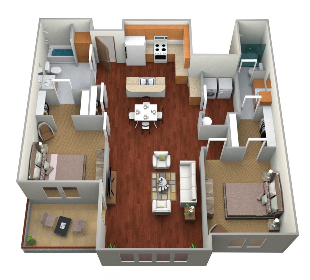 Floor plan for 2 beds, 2 baths, 1310 sqft
