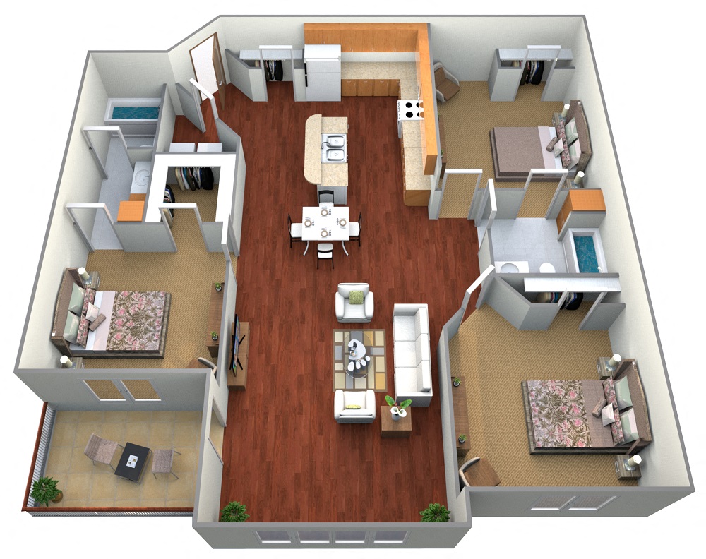 Floor plan for 3 beds, 2 baths, 1495 sqft