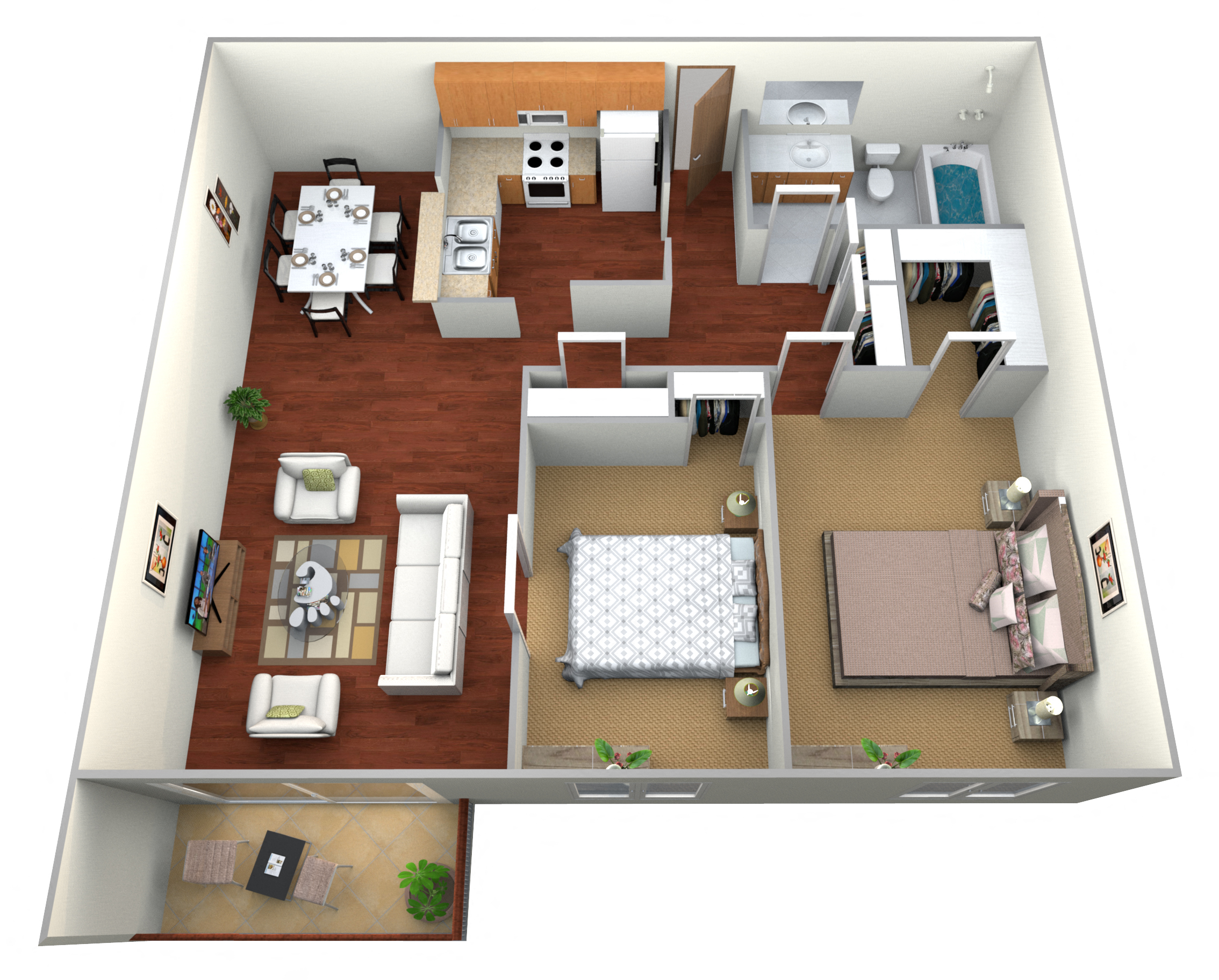 Floor plan for 2 beds, 1 bath, 905 sqft