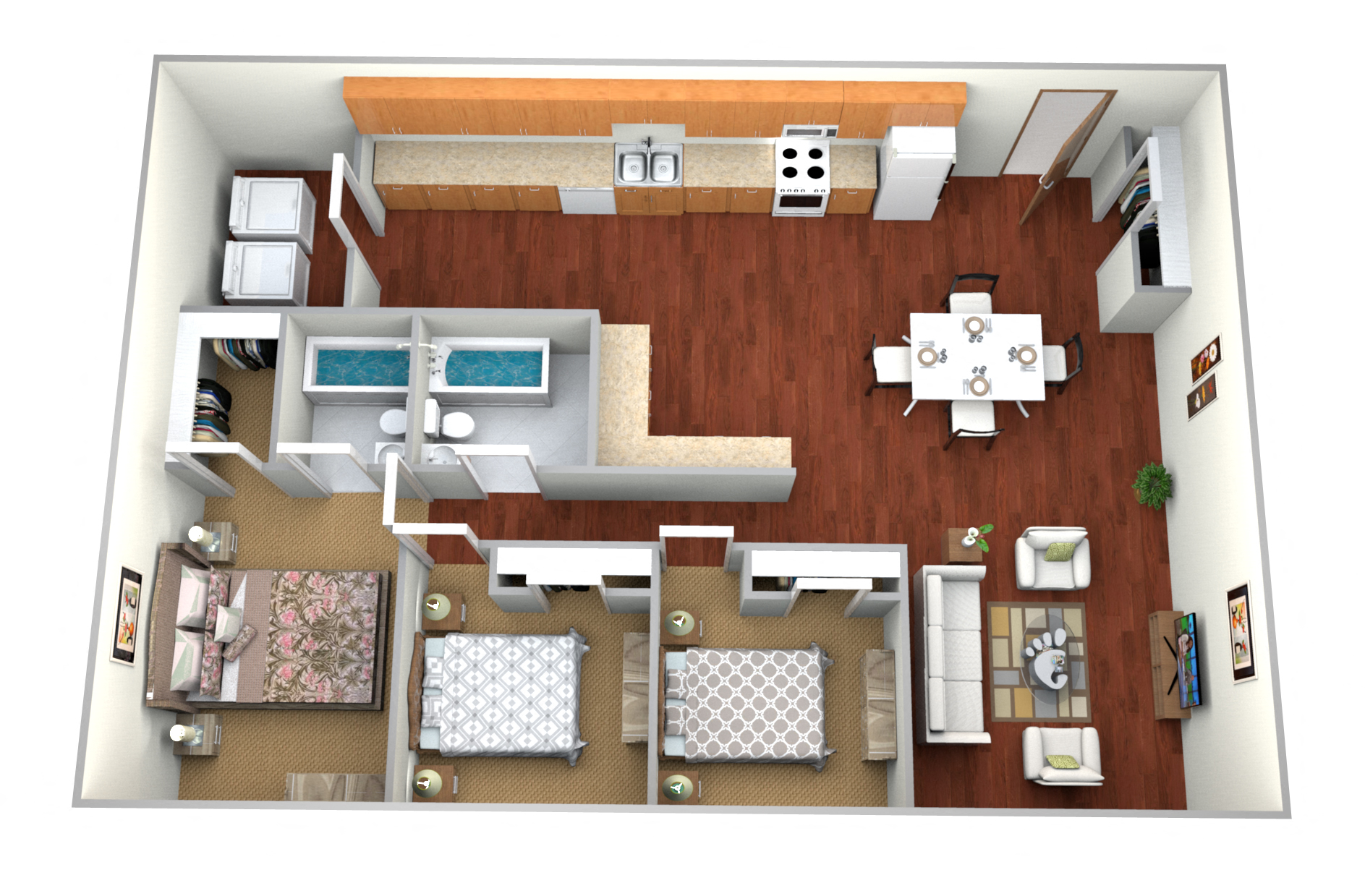 Floor plan for 3 beds, 2 baths, 1350 sqft