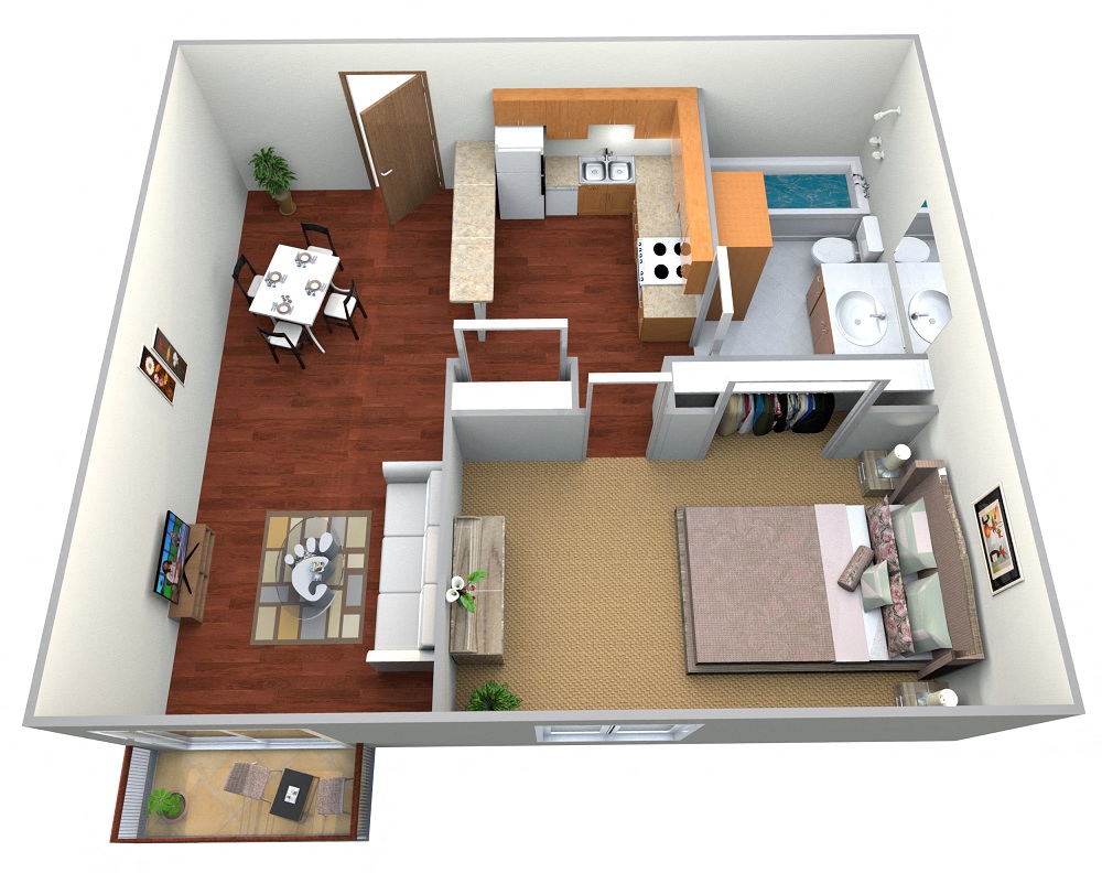 Floor plan for 1 bed, 1 bath, 900 sqft