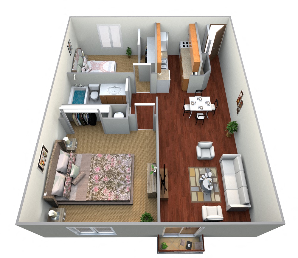 Floor plan for 2 beds, 1 bath, 1050 sqft