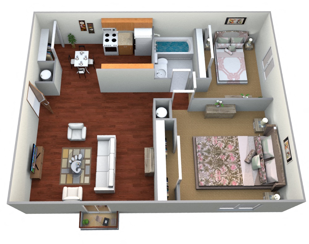 Floor plan for 2 beds, 2 baths, 1029 sqft