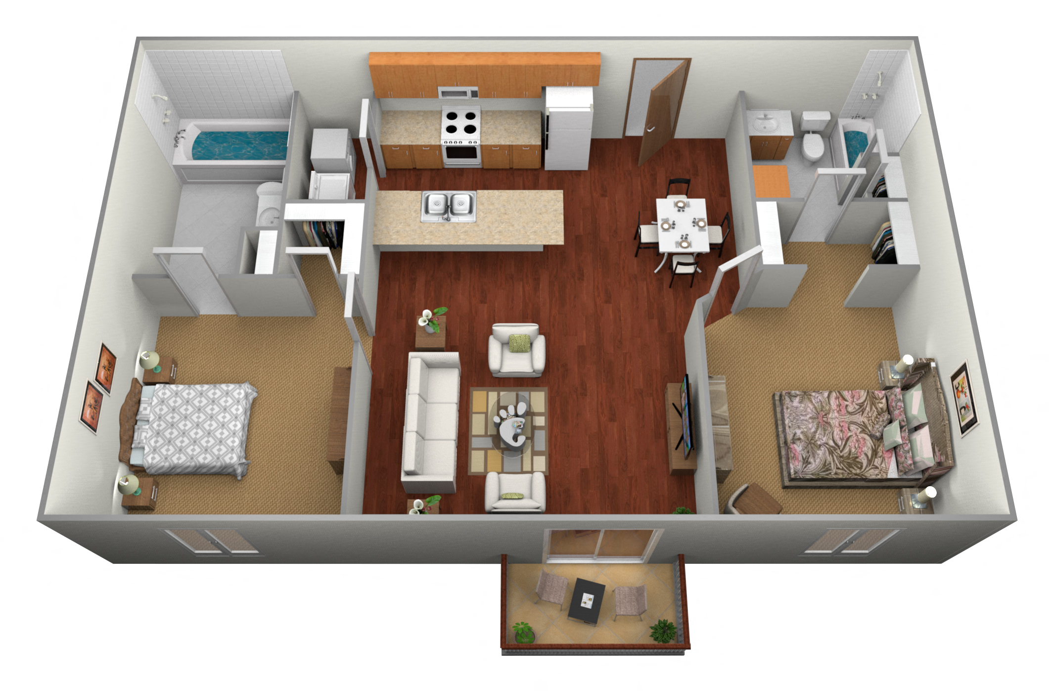Floor plan for 2 beds, 2 baths, 890 sqft