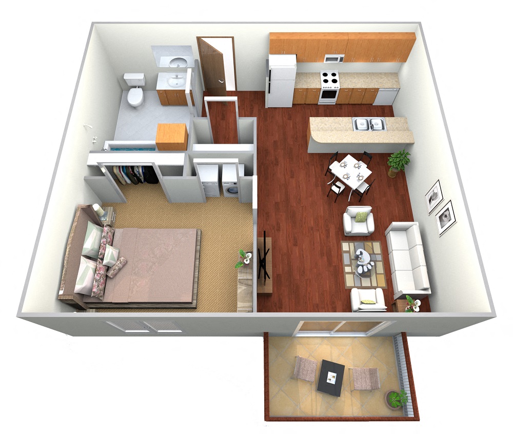 Floor plan for 1 bed, 1 bath, 764 sqft