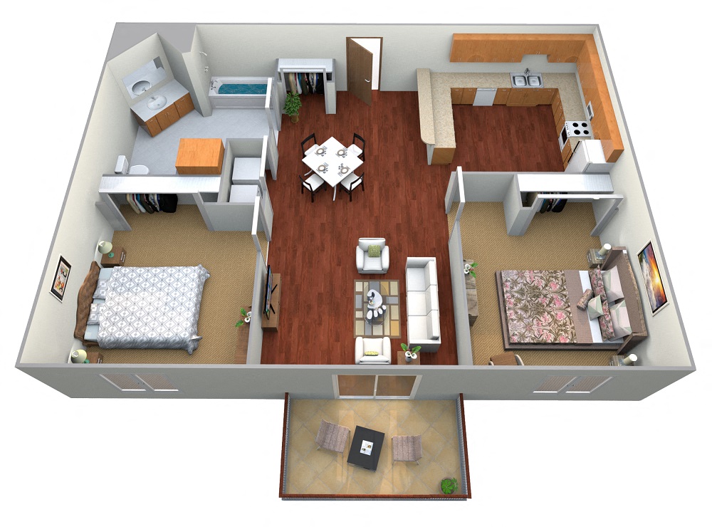 Floor plan for 2 beds, 1 bath, 987 sqft