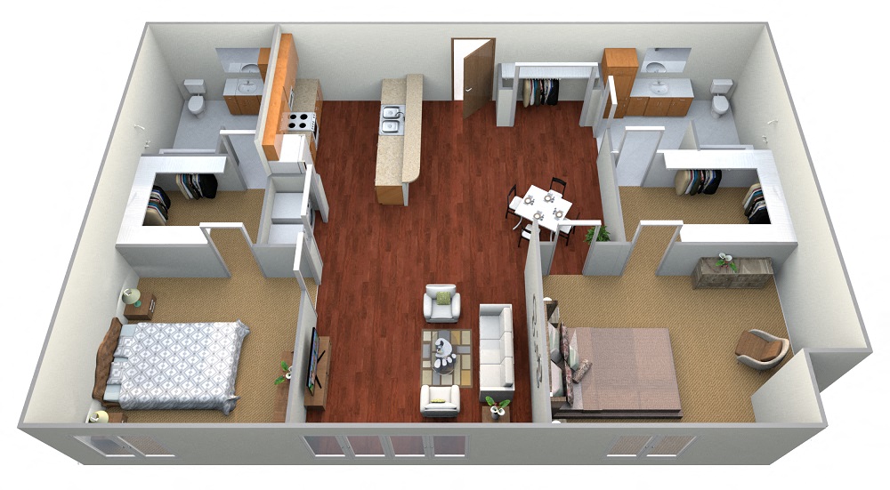 Floor plan for 2 beds, 2 baths, 1281 sqft