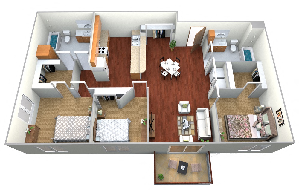 Floor plan for 3 beds, 2 baths, 1253 sqft