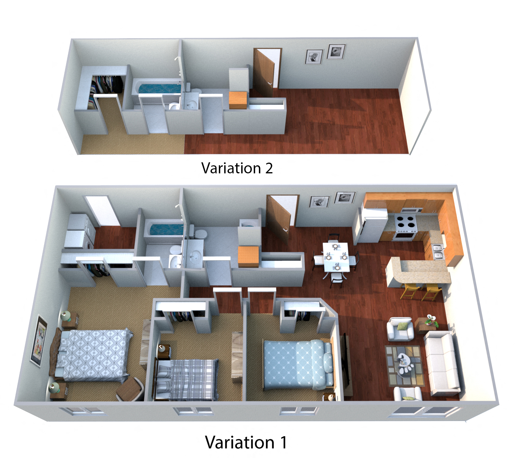 Floor plan for 3 beds, 2 baths, 1267 sqft