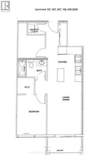Bonnechere Valley apartment for rent - Apartment floor plan with laundry utility, kitchen, living/dining area, bedroom, and balcony.