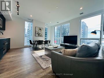 Toronto (Waterfront Communities) condo for rent - A modern living room with a grey couch and a television.