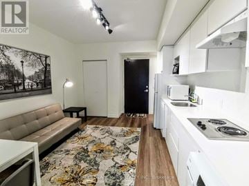 Waterloo condo for rent - A modern kitchen with white cabinets and a floral rug on the floor.