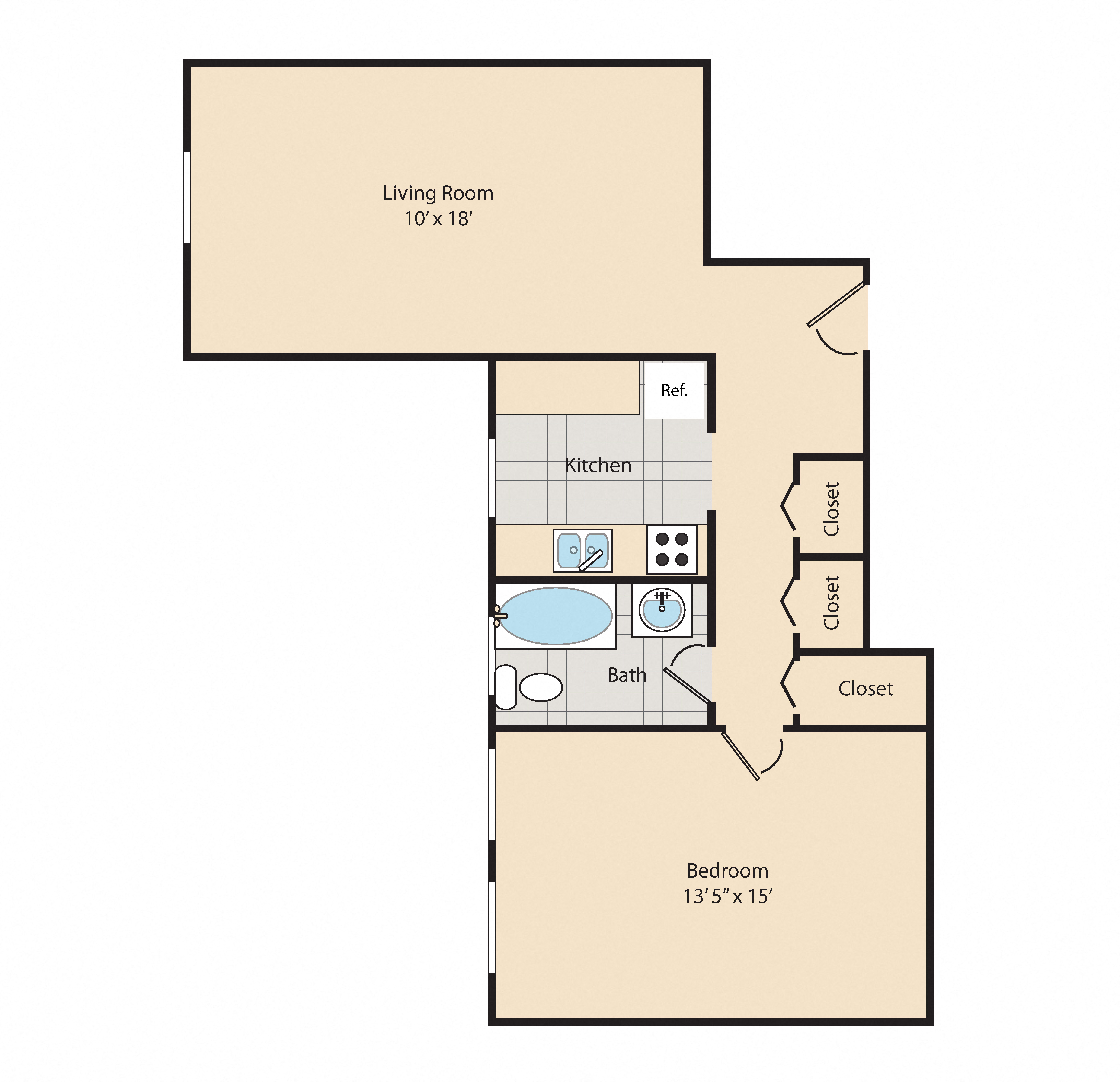 Floor plan for 1 bed, 1 bath, 542 sqft