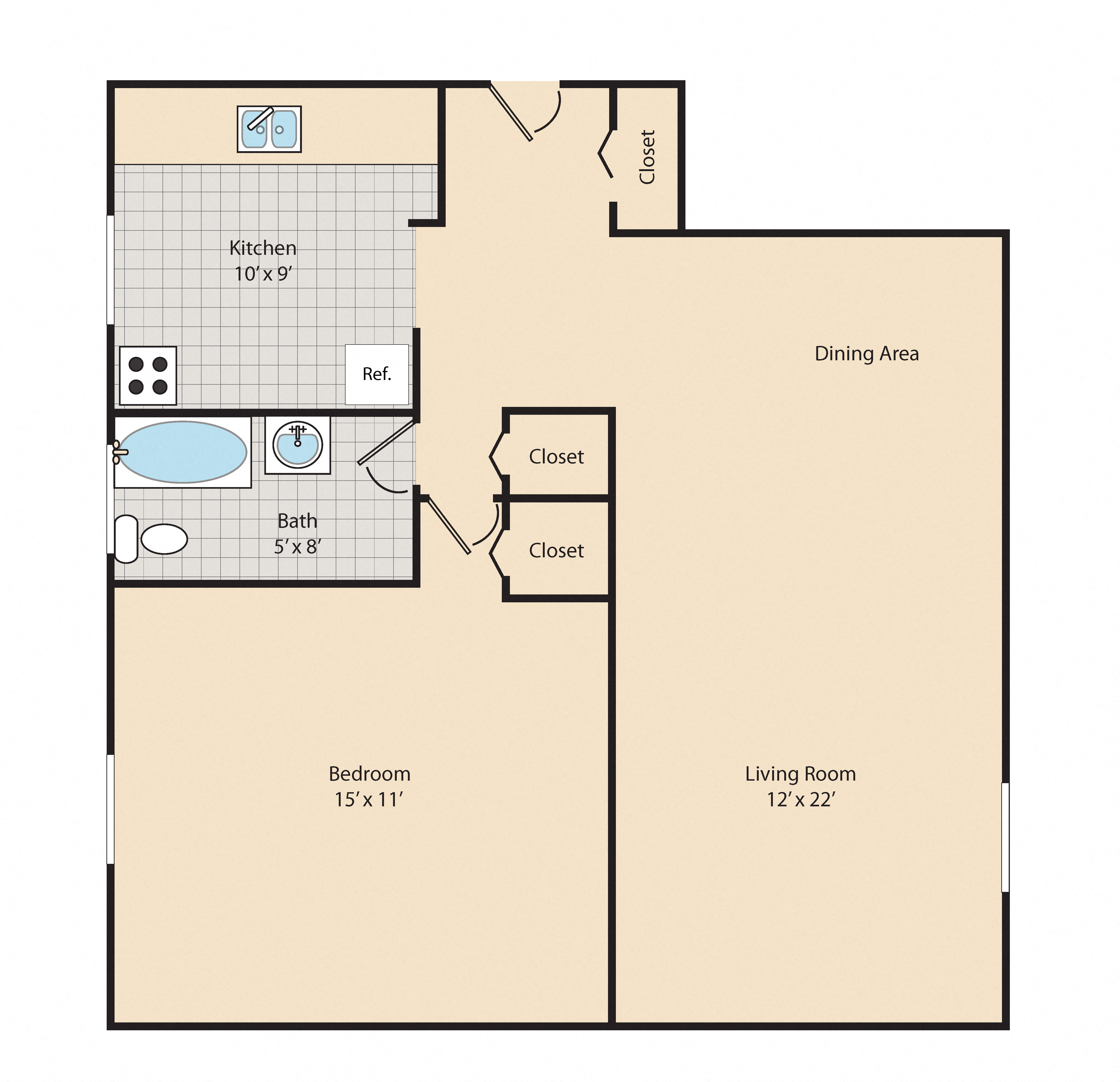 Floor plan for 1 bed, 1 bath, 662 sqft